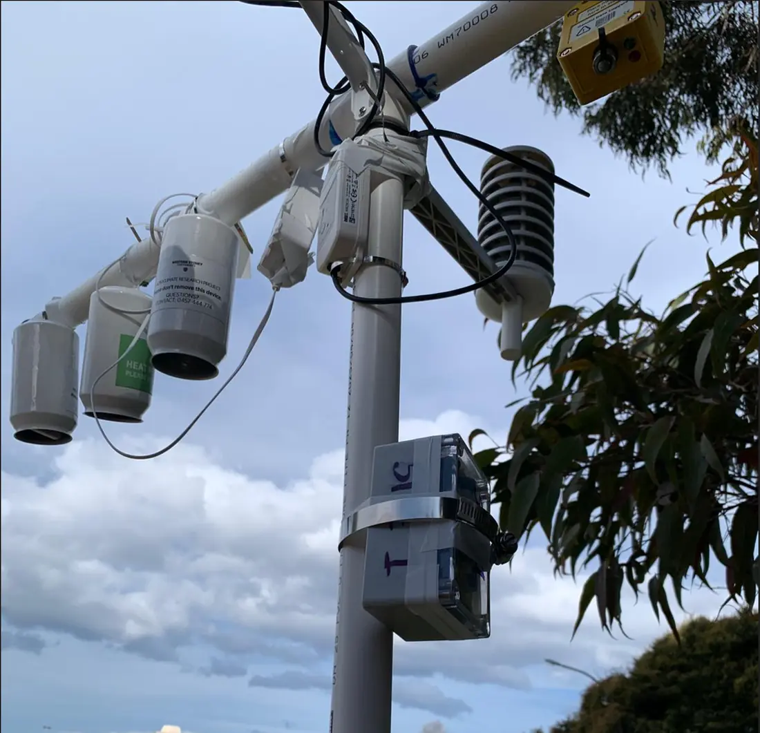 Krytek field node mounted alongside existing environmental sensing equipment at the University of Tasmania