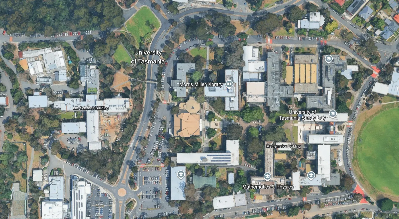 UTAS Sandy Bay campus satellite map